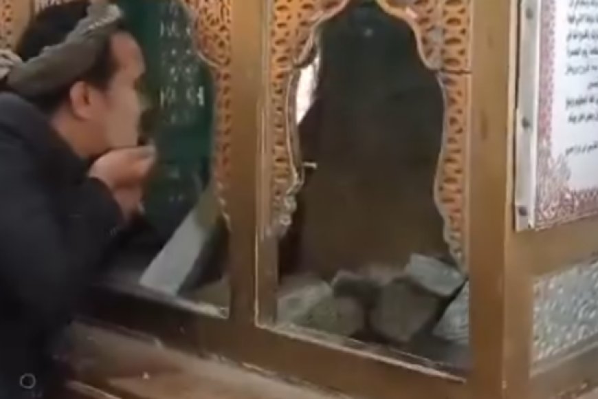 فيديو صادم.. أستاذ جامعي يمرغ وجهه بتراب قبر الهادي الرسي في صعدة!