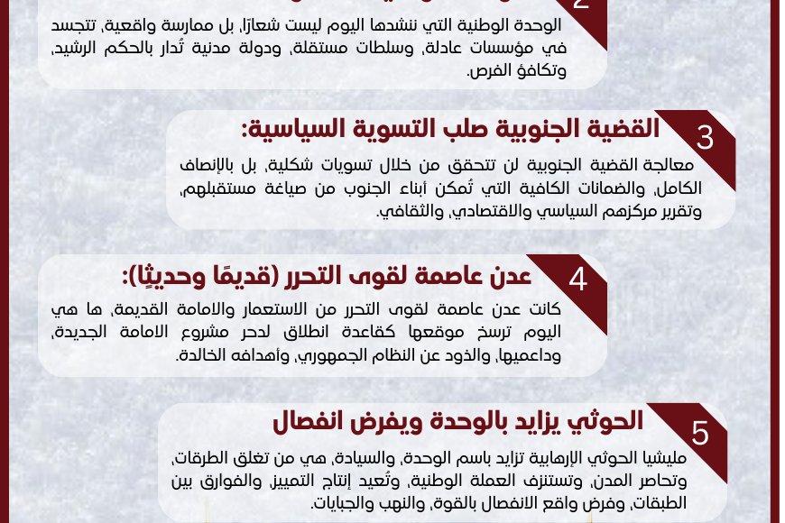 أنفوجرافيك (الأول) لأهم ما جاء في كلمة فخامة الرئيس د. رشاد العليمي  بمناسبة عيد الوحدة الـ(35)