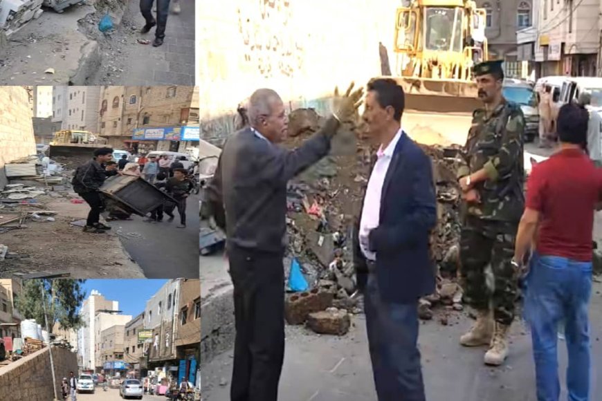 تعز.. مديرية «القاهرة» تزيل رصيفًا مخالفًا في شارع السلخانة لتخفيف الازدحام المروري