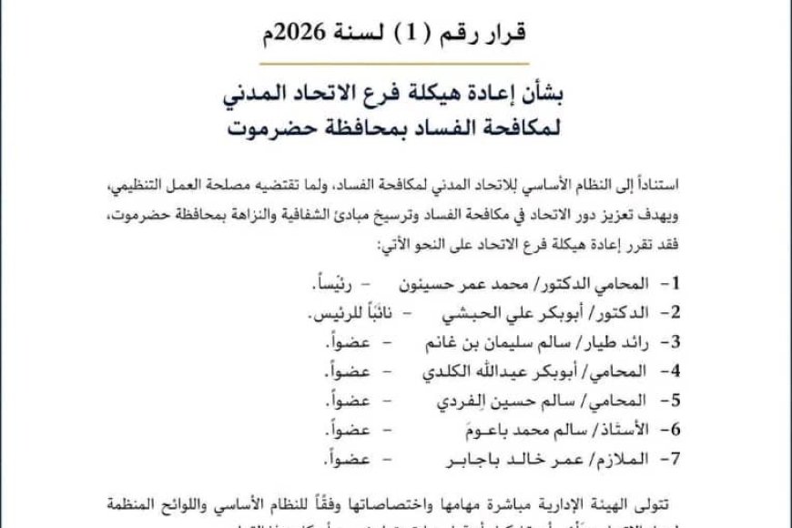 الاتحاد المدني لمكافحة الفساد يعيد هيكلة فرعه في حضرموت ويعلن تشكيل هيئة إدارية جديدة الاتحاد المدني لمكافحة الفساد يعيد هيكلة فرعه في حضرموت ويعلن تشكيل هيئة إدارية جديدة