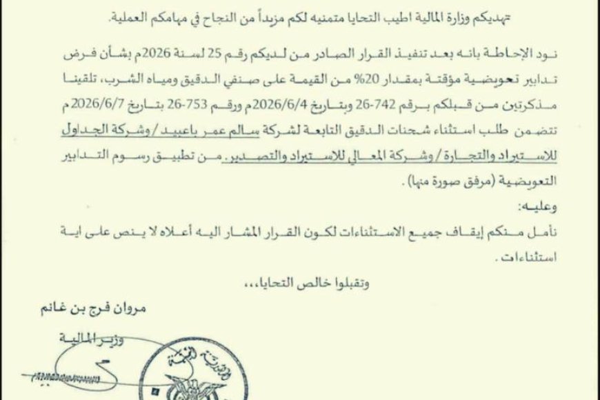 وثيقة رسمية تطالب بإيقاف استثناءات الدقيق بشكل كامل وسط تحذيرات من تحركات مشبوهة لإفشال القرار
