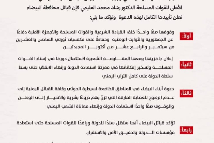قبائل البيضاء تؤكد تأييدها لدعوة رئيس مجلس القيادة الرئاسي وتعلن جاهزيتها لإسناد معركة استعادة الدولة