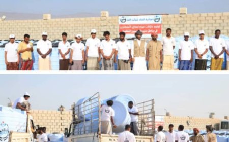 توزيع 300 خزان مياه في مناطق حصوين المنكوبة بالمهرة