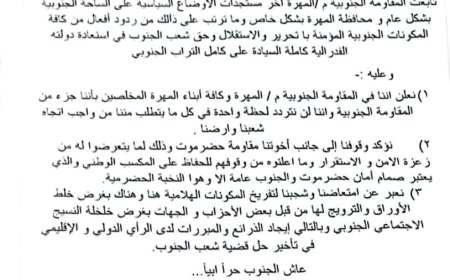 المقاومة الجنوبية بالمهرة تصدر بيانا تضامنيا مع مقاومة حضرموت وتؤكد وقوفها الكامل مع النخبه الحضرمية