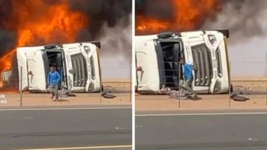 بالفيديو: سائق ناقلة وقود ينجو بمعجزة من النيران الهائلة