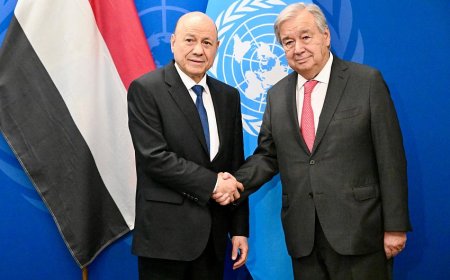 رئيس مجلس القيادة يبحث وامين عام الأمم المتحدة الوضع الانساني وجهود احلال السلام في اليمن