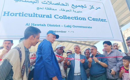 محافظ لحج يفتتح مركز تجميع الحاصلات الزراعية في الحوطة ويطلع على نشاط البيوت المحمية في تبن