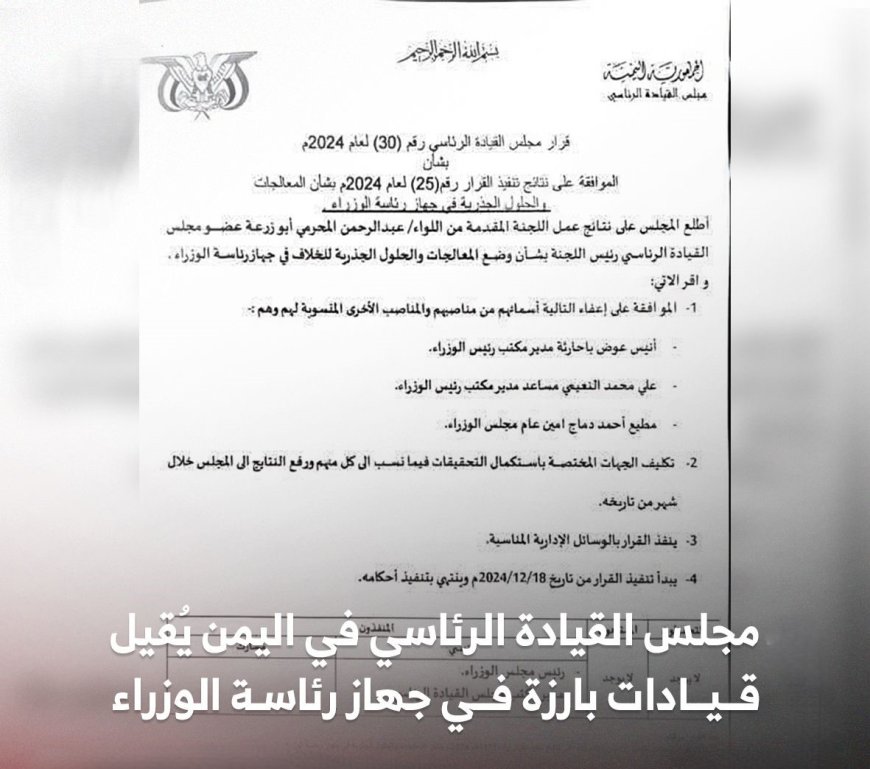 إعفاء (باحارثة والنعيمي ودماج).. مجلس القيادة يقر إعفاء مسؤولين كبار من رئاسة مجلس الوزراء (وثيقة)