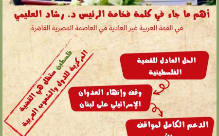 أهم ما جاء في كلمة فخامة الرئيس د. رشاد العليمي في القمة العربية غير العادية في العاصمة المصرية القاهرة