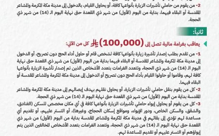 وزارة الداخلية السعودية تعلن عن عقوبات مالية تصل إلى 100 ألف ريال سعودي لمخالفي أنظمة وتعليمات الحج