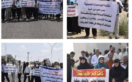 وقفة احتجاجية لأكاديميي جامعات جنوب اليمن تطالب التحالف العربي بالضغط لصرف الرواتب وتحسين الأوضاع المعيشية