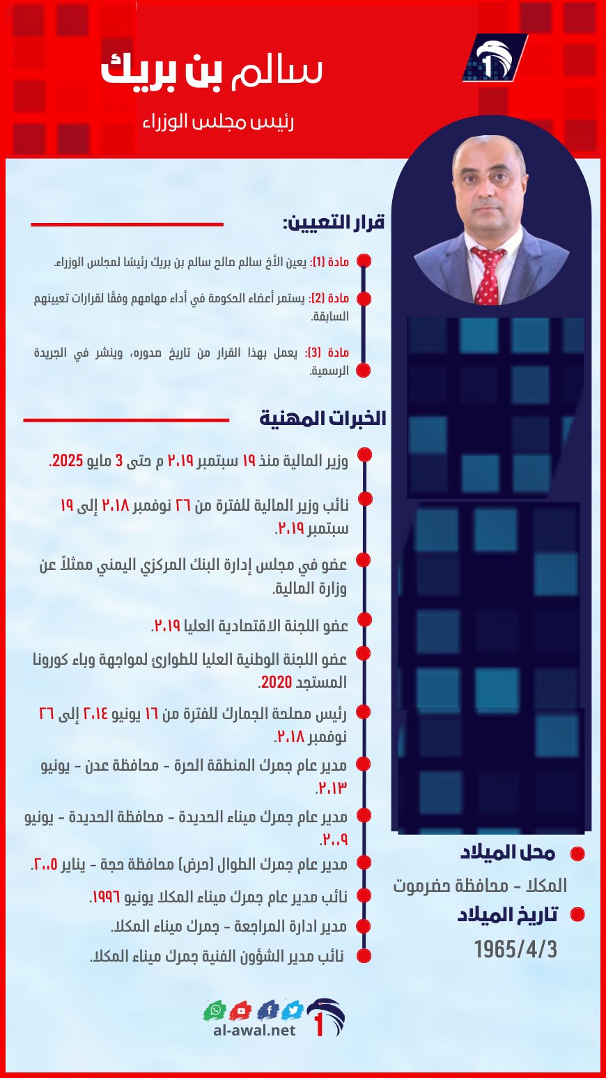 أنفوجرافيك (الأول) السيرة الذاتية للأستاذ  سالم صالح سالم بن بريك  رئيس مجلس الوزراء