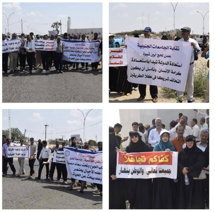 وقفة احتجاجية لأكاديميي جامعات جنوب اليمن تطالب التحالف العربي بالضغط لصرف الرواتب وتحسين الأوضاع المعيشية