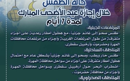الأرصاد الجوية تنشر حالة الطقس خلال إجازة عيد الأضحى المبارك 2025