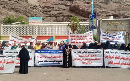 موظفين مؤسسة موانئ خليج عدن ينفذون وقفة احتجاجية تطالب بأراضٍ ممنوحة لهم منذ 30 عاماً