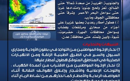الأرصاد الجوية تحذر من أمطار رعدية ورياح شديدة مصاحبة لها في عدة محافظات
