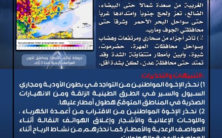 الأرصاد الجوية تحذر من أمطار رعدية غزيرة مصحوبة بالبرد في عدة محافظات