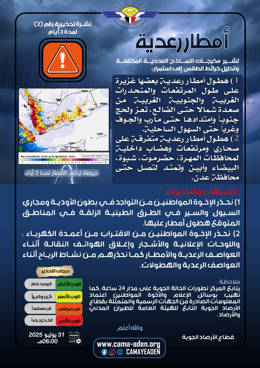 الأرصاد الجوية تحذر من أمطار رعدية تصاحبها رياح شديدة في عدة محافظات