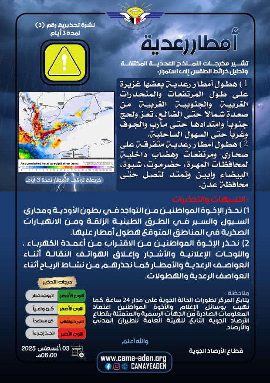 الأرصاد تحذر من أمطار رعدية في عدة محافظات