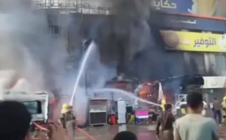 تعز.حريق هائل يلتهم سوقاً تجارياً في منطقة الحوبان.