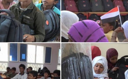 تعز : خلية الأعمال الإنسانية توزع الحقائب المدرسية مع مستلزماتها في ذو باب والمندب غرب المدينة.
