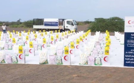 تعز ... خلية الأعمال الإنسانية تواصل توزيع مساعدات غذائية في ريف المخا.