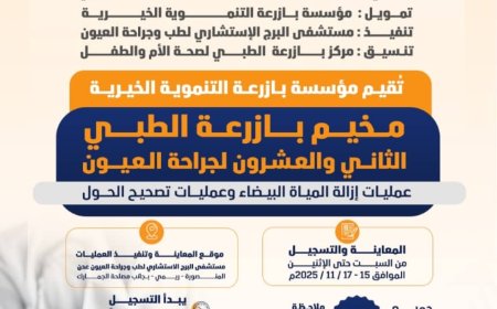 مؤسسة بازرعة التنموية الخيرية تُعلن بدء المخيم الطبي الثاني والعشرين لجراحة العيون في عدن