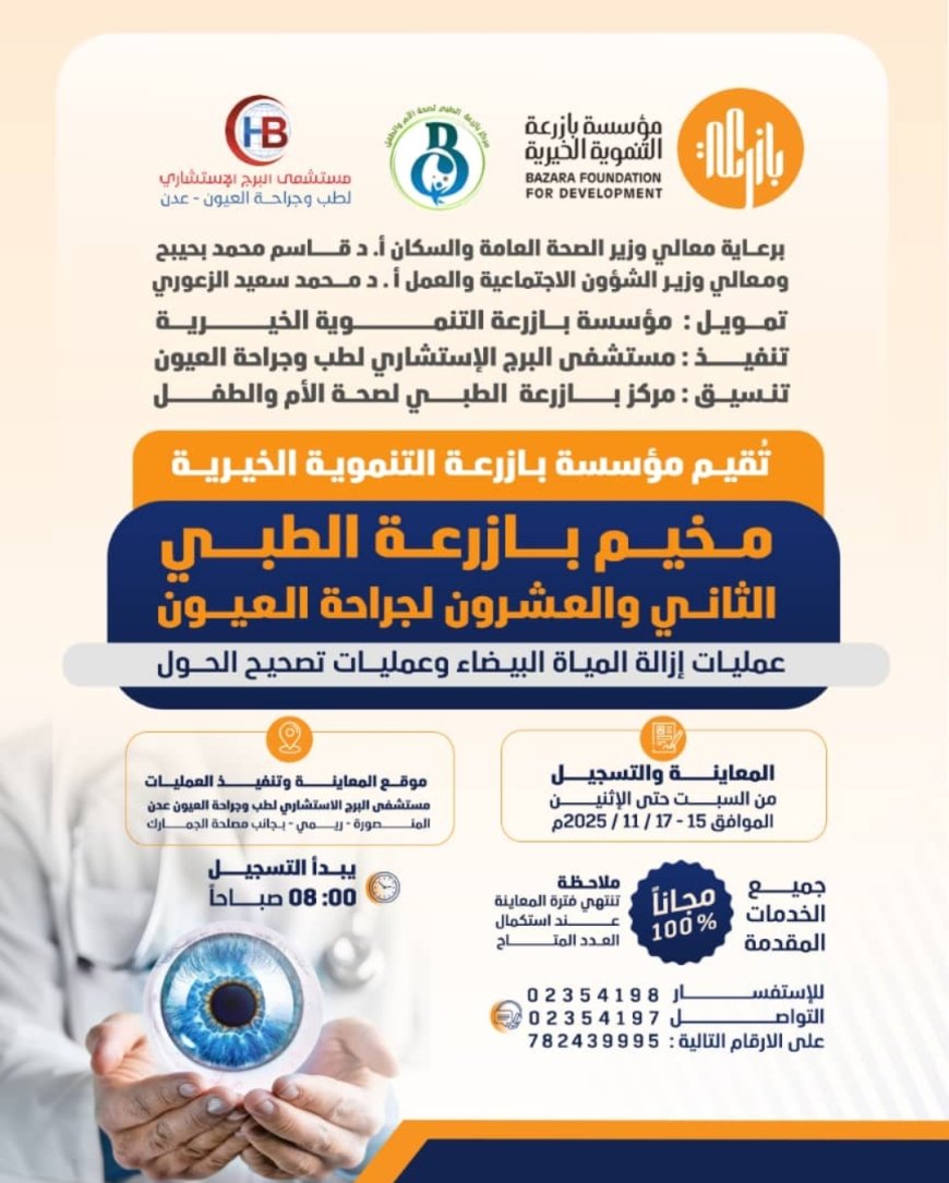 مؤسسة بازرعة التنموية الخيرية تُعلن بدء المخيم الطبي الثاني والعشرين لجراحة العيون في عدن