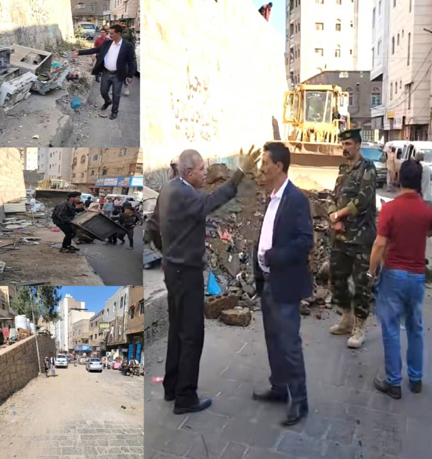 تعز.. مديرية «القاهرة» تزيل رصيفًا مخالفًا في شارع السلخانة لتخفيف الازدحام المروري