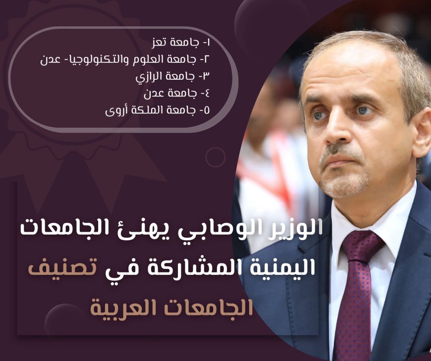 الوصابي يهنئ الجامعات اليمنية التي تصدرت محلياً في التصنيف العربي للجامعات.
