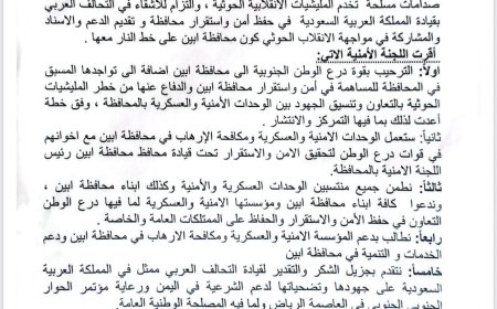عاجل..  اللجنة الأمنية بأبين تصدر بيانًا هامًا برئاسة المحافظ بشأن دخول قوات درع الوطن