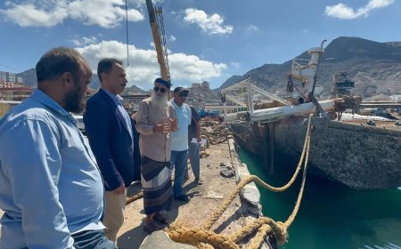 الوكيل غازي لحمر يتفقد أعمال إنتشال السفن الغارقة في حوض ميناء الاصطياد السمكي بعدن تمهيدًا لاعادة تأهيله