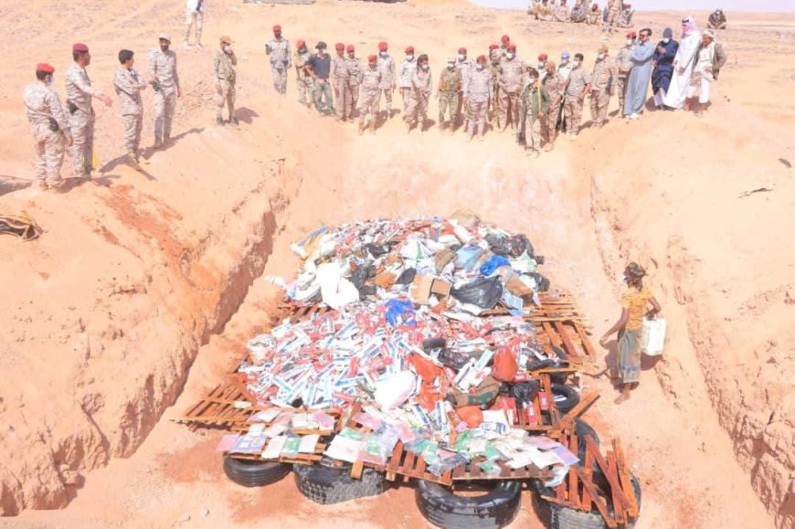 قيادة كتيبة منفذ الوديعة تُتلف كميات ضخمة من الممنوعات بينها 594 كجم من الحشيش وأكثر من 118ألف حبة كبتاجون