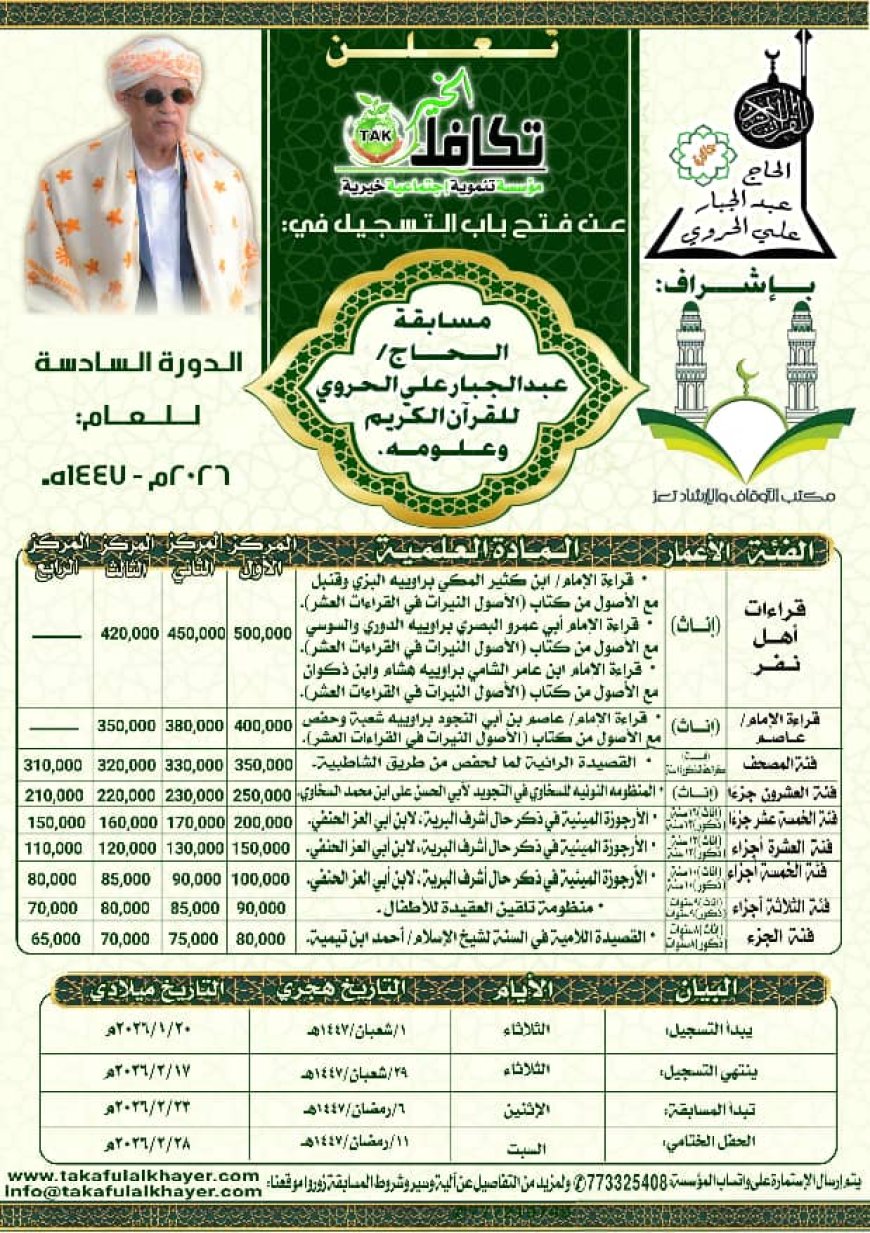 مؤسسة تكافل الخير تعلن عن فتح باب التسجيل للمشاركة في الدورة السادسة من مسابقة الحاج عبدالجبار علي الحروي للقرآن الكريم وعلومه للعام 1447- 2026