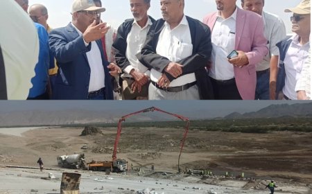 في زيارة ميدانية نظمها مكتب الإعلام والسلطة المحلية بأبين ..  الزامكي: إنجاز 95% من المرحلة الأولى لمشروع سد حسان الاستراتيجي