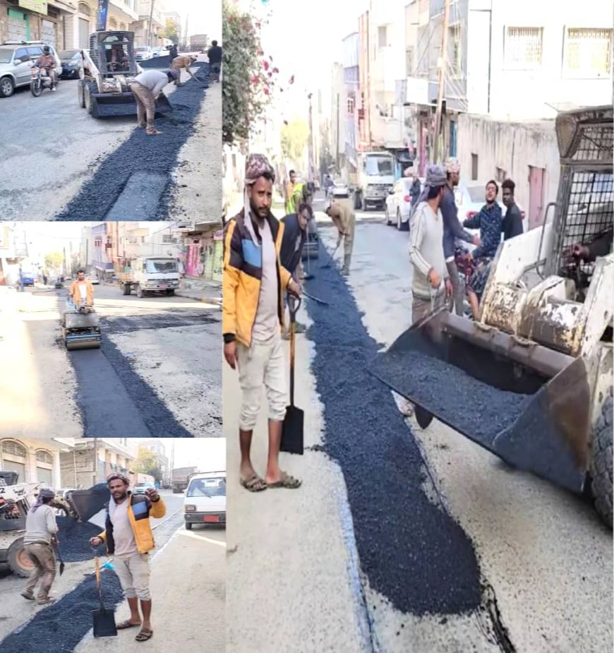 تعز.. بدء أعمال السفلتة من أمام مدرسة الشعب حتى محطة صافر عقب استكمال تنفيذ الخط الناقل للمياه