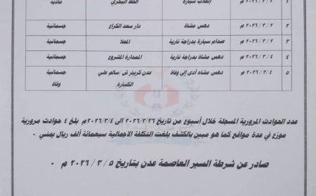 شرطة السير بعدن تصدر تقريرها الأسبوعي للمخالفات والحوادث