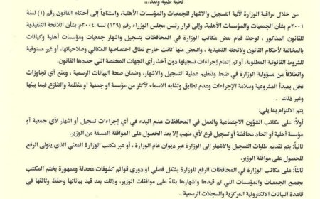 وزارة الشؤون الاجتماعية والعمل تصدر تعميماً لتنظيم إجراءات تسجيل وإشهار الجمعيات والمؤسسات الأهلية.