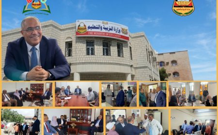 وزير التربية والتعليم (العبادي) يتفقد انتظام العمل بديوان الوزارة ومكتب التربية بعدن ومؤسسة مطابع ووحدة التغذية المدرسية
