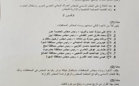 الحراك الوطني الجنوبي يصدر قراراً بتعيين رؤساء للمجلس بالمحافظات