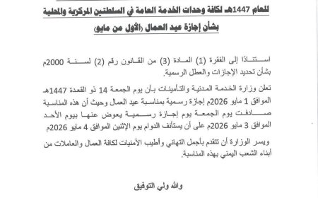 وزارة الخدمة المدنية والتأمينات تصدر  تعميم بشأن إجازة عيد العمال في الاول من مايو .