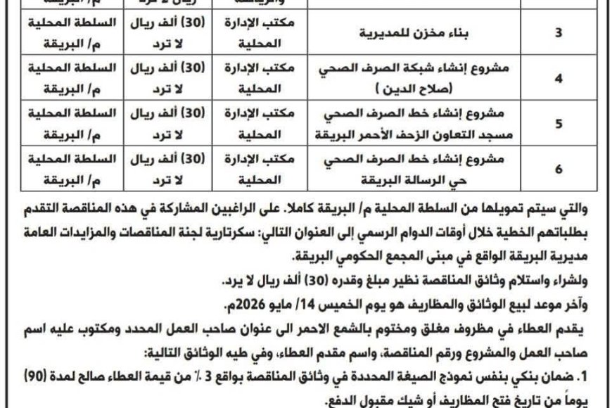 بتمويل ذاتي من سلطة المديرية : محلي البريقة يعلن إنزال ( 6 ) مناقصات لتنفيذ أعمال المرحلة الأولى من مشاريع 2026م