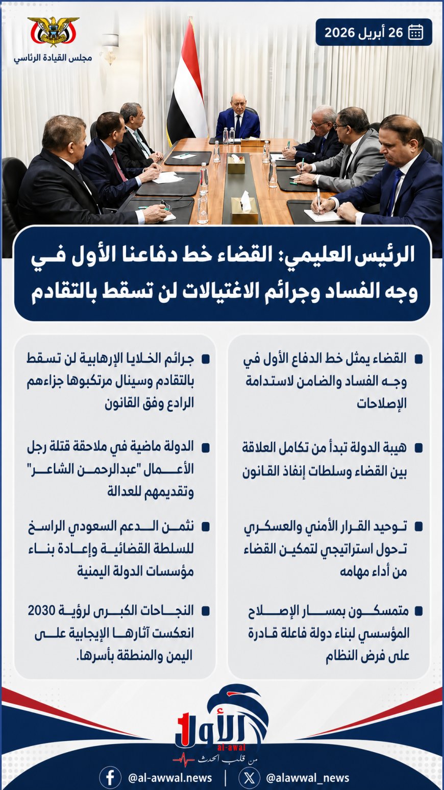 نفوجرافيك لأهم ما جاء في لقاء فخامة الرئيس العليمي مع رئيس مجلس القضاء الأعلى ورؤساء الهيئات القضائية ورئيس المحكمة العليا ووزير العدل والنائب العام