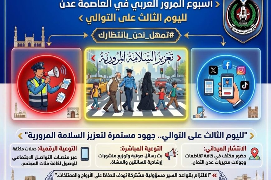 لليوم الثالث على التوالي شرطة السير تواصل تنفيذ فعاليات أسبوع المرور العربي في العاصمة عدن