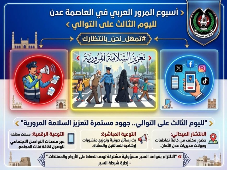 لليوم الثالث على التوالي شرطة السير تواصل تنفيذ فعاليات أسبوع المرور العربي في العاصمة عدن