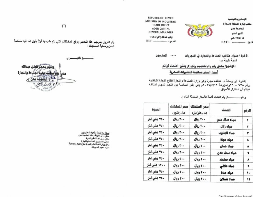 مكتب الصناعة والتجارة بعدن يعمم قائمة أسعار المياه المعدنية.. تفاصيل