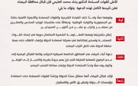 قبائل البيضاء تؤكد تأييدها لدعوة رئيس مجلس القيادة الرئاسي وتعلن جاهزيتها لإسناد معركة استعادة الدولة
